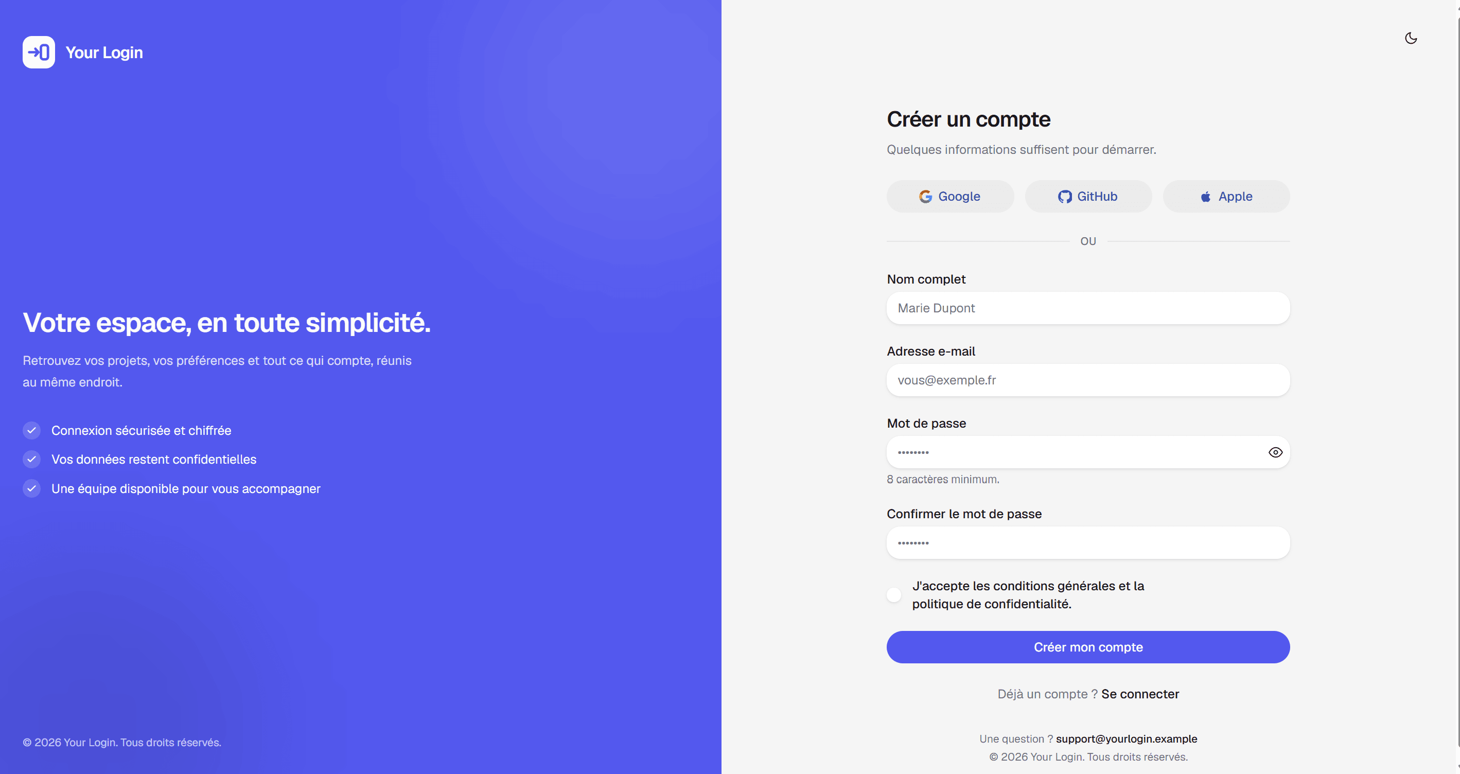 Aperçu du template LoginPage
